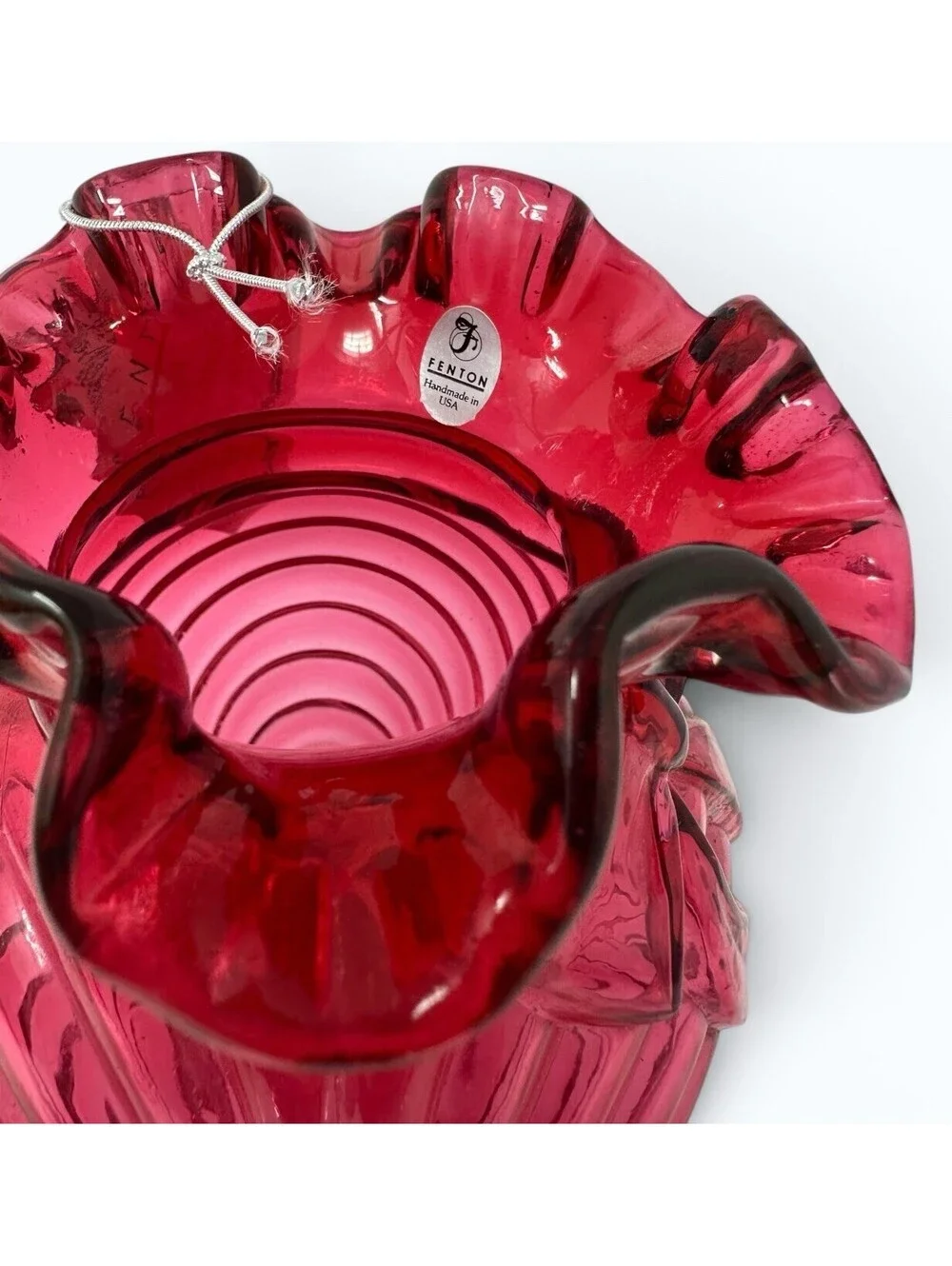 Fenton Art Glass Country Cranberry Caprice Bow Drape Vase Vintage Ruffle Tag